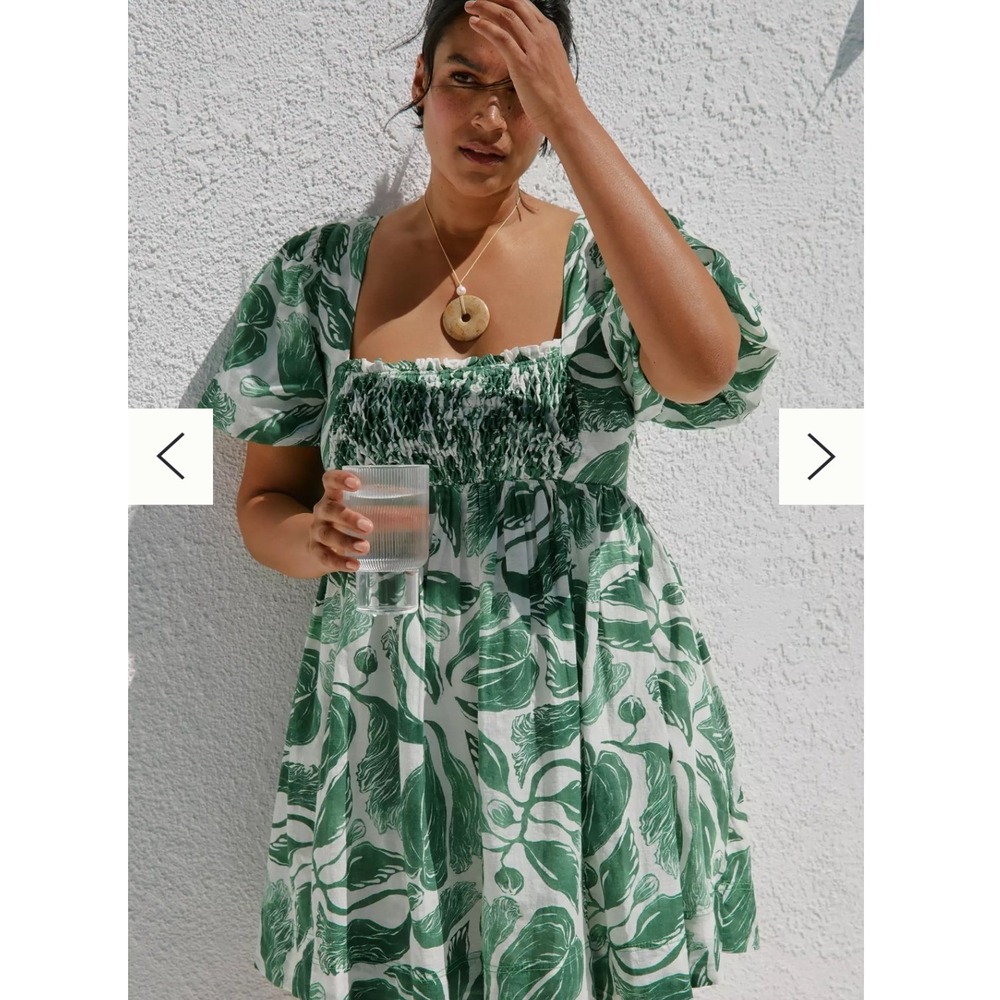 Maeve x Yukiko Noritake Green Leaf Smocked Square Neck Puff Sleeve Mini Dress L